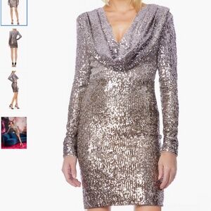 Jewel Badgley Mischka Ombré Sequin Cowl Neck Long Sleeve Cocktail Minidress, 10
